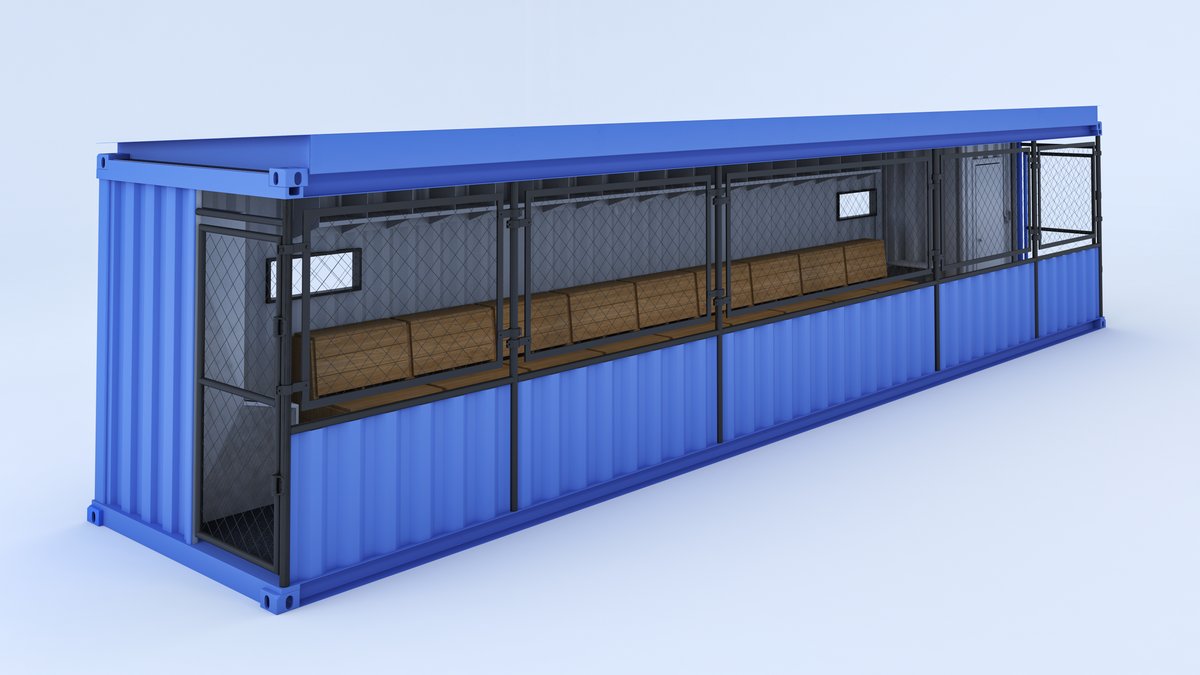 TeamBox modular dugout three-quarter view showing blue exterior, wire mesh, bench seating, and entry door