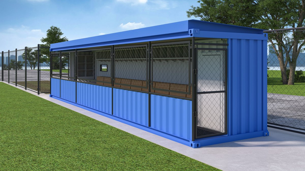 TeamBox modular dugout on a baseball field, front angle view