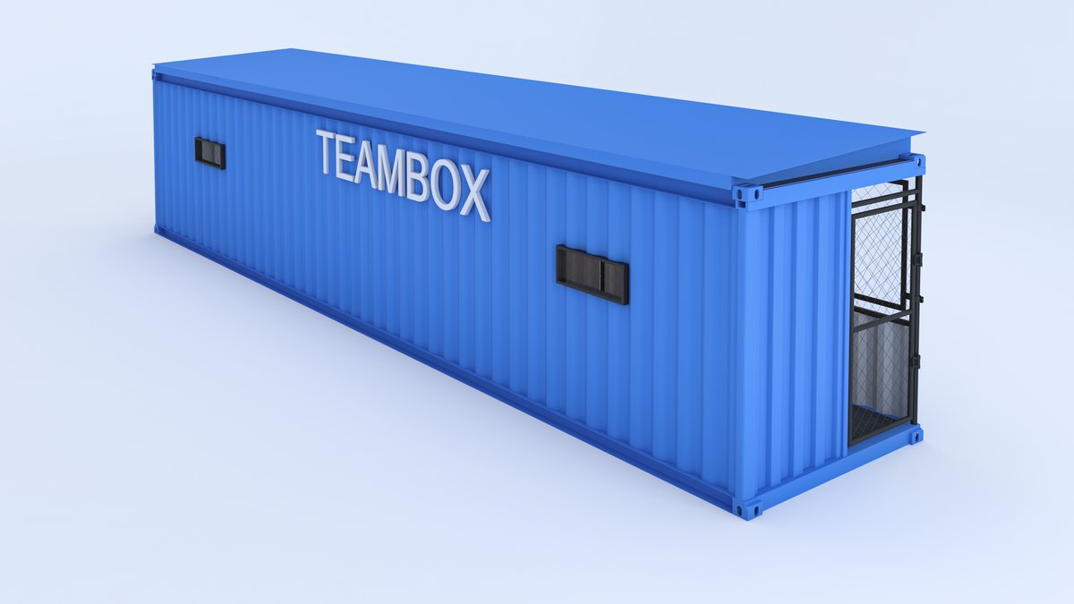 TeamBox modular dugout rear angle view showing TEAMBOX branding, blue exterior finish, and entry door